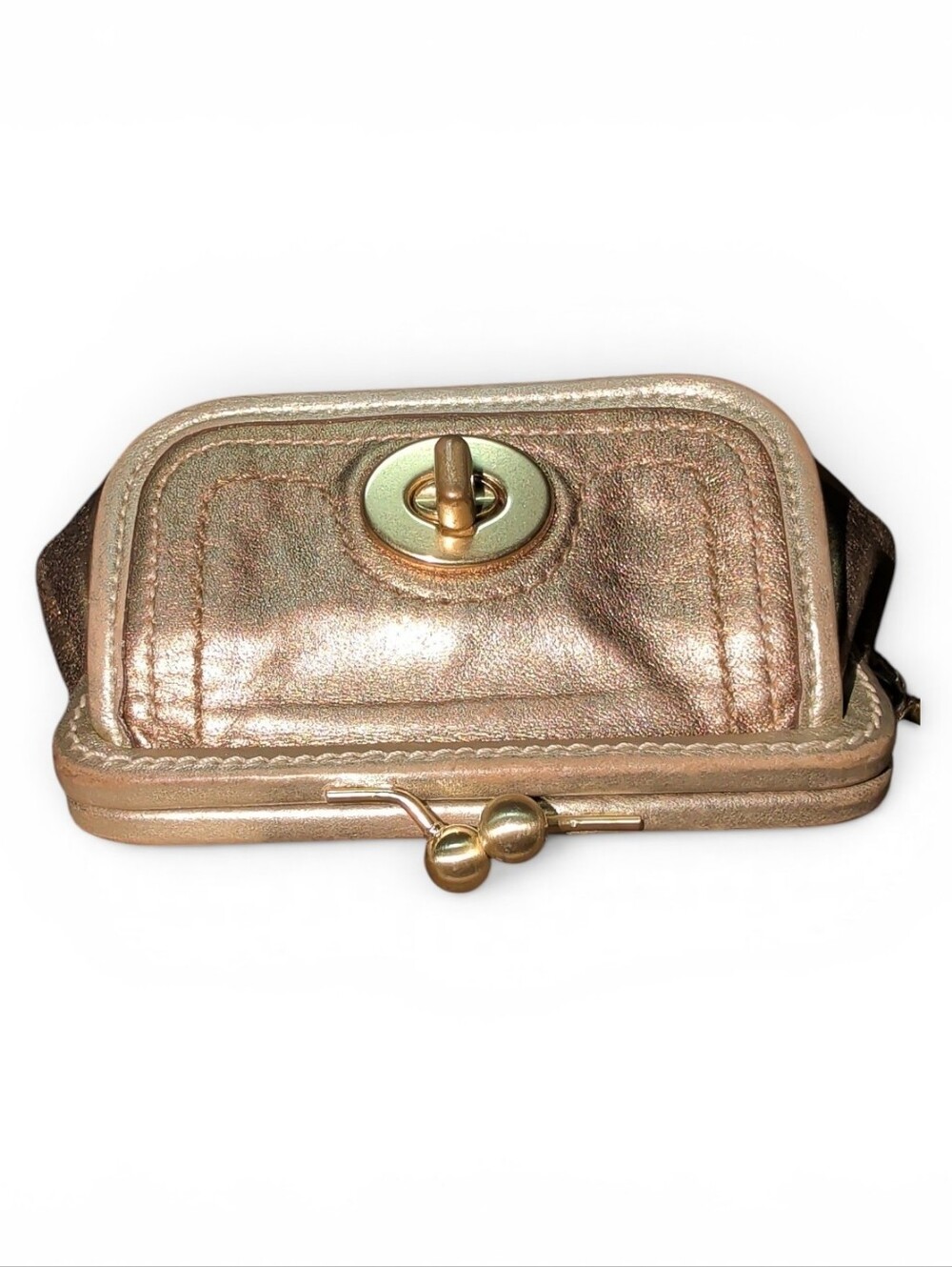Y2K Bleecker Kisslock Metallic Bronze Leather Wristlet Clutch - Picture 2 of 9